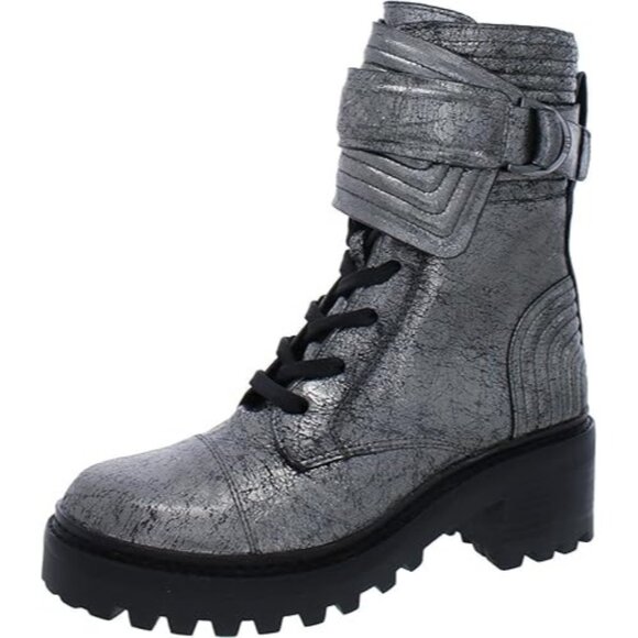 DKNY Womens Combat Boots Metallic Basia Leather Round Toe Block Heel Silver 5M - Picture 1 of 4
